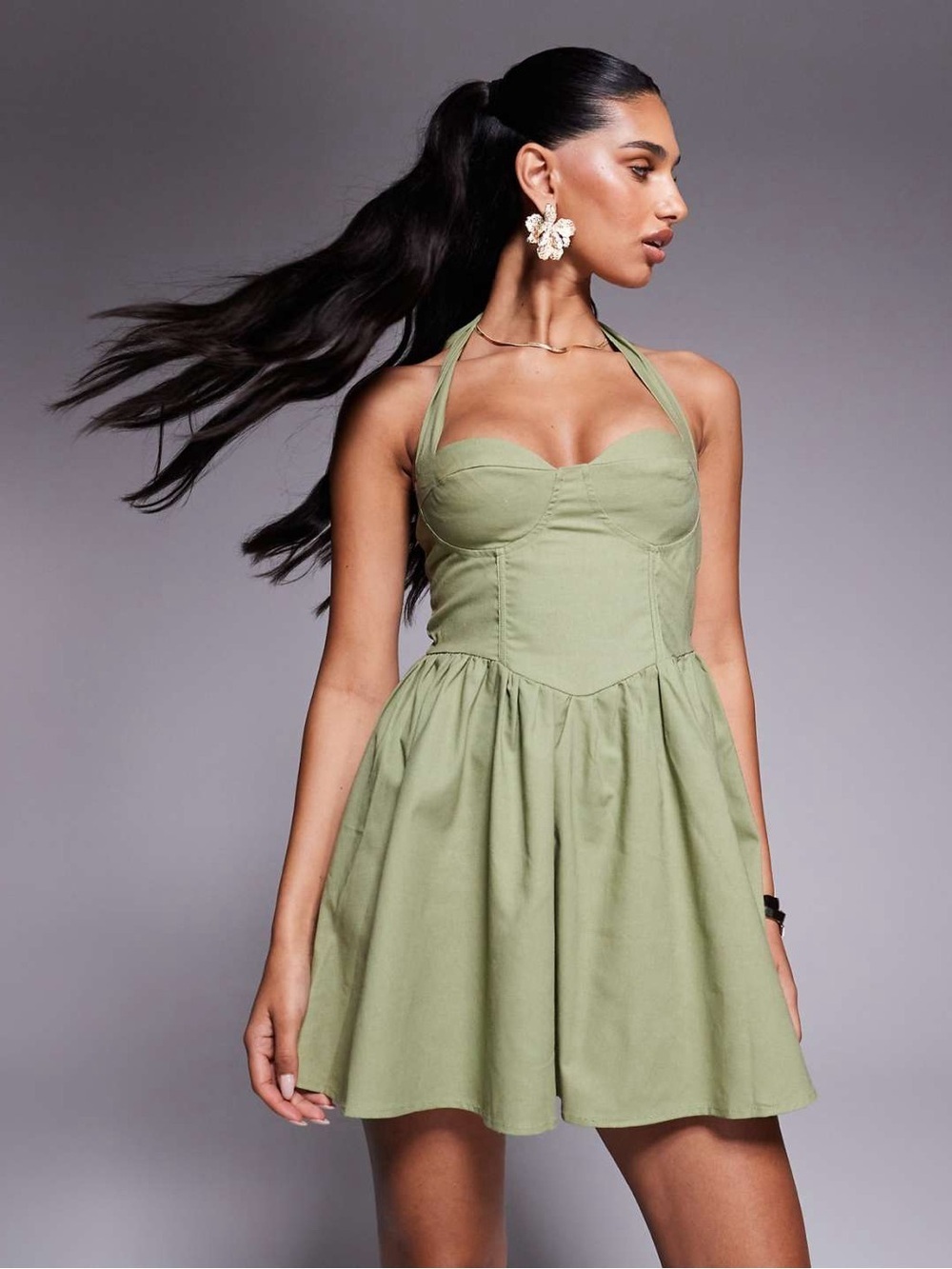 Princess Polly Lyle halter neck corset detail mini skater dress in olive Size 12 - Picture 2 of 11